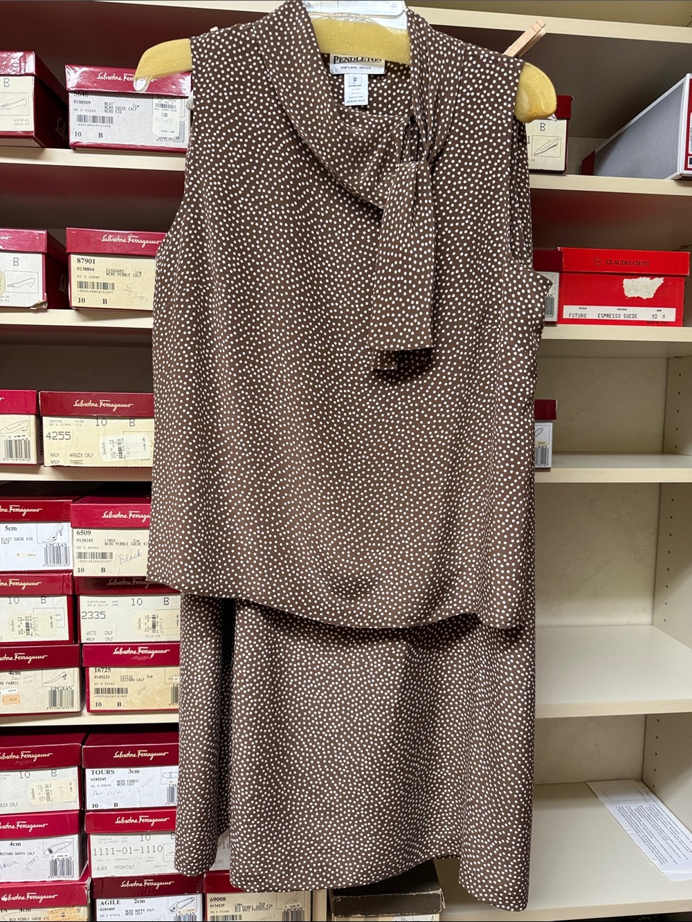 Pendleton 100% silk Brown & White Polka Dot Sleeveless Skirt Set